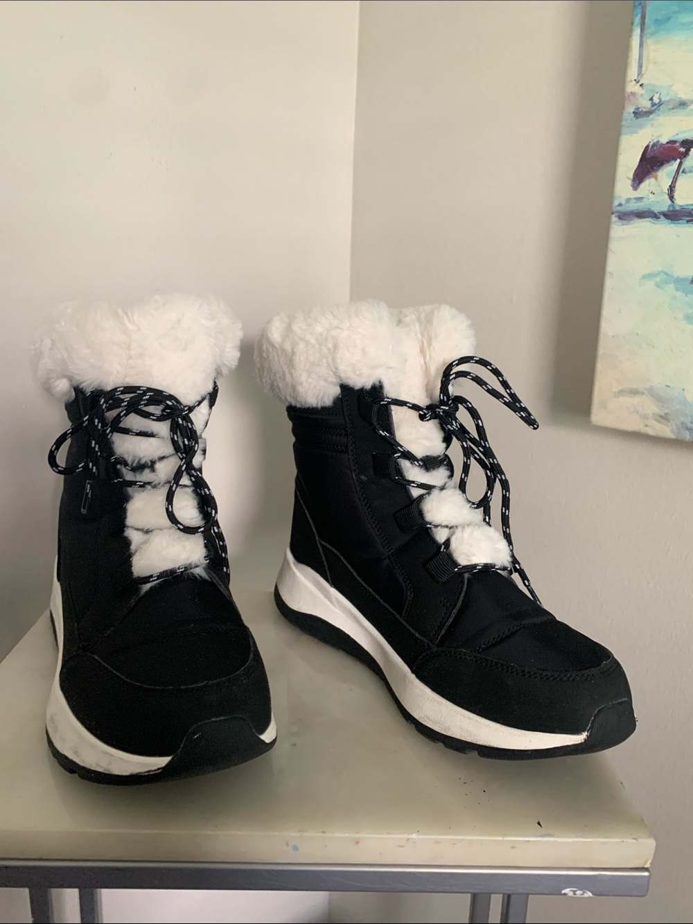Black Winter Lace-Up Faux Fur Ankle Boots